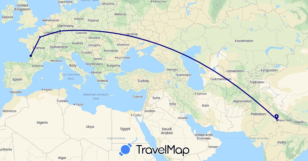 TravelMap itinerary: driving in Germany, France, India (Asia, Europe)